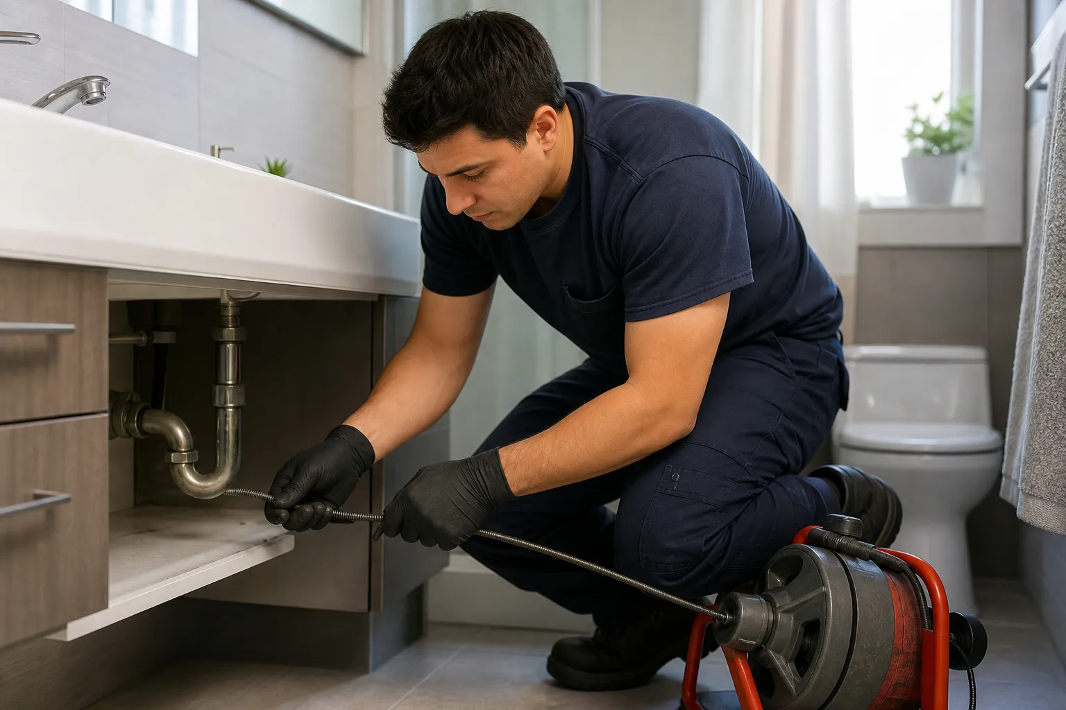 Clear a backed-up bathroom drain
